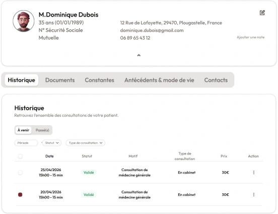 Fiche patient Hellocare avec antécédents, contacts et historique des consultations