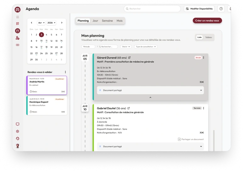 Agenda Hellocare avec planning et rendez-vous à valider