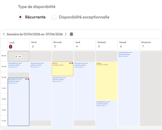 Vue planning hebdomadaire de l'agenda Hellocare avec disponibilités