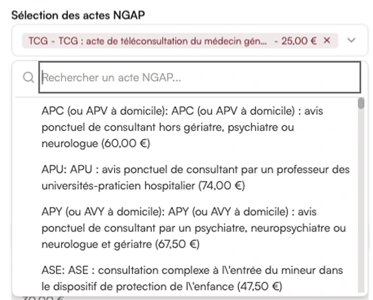Sélection des actes NGAP et tarification dans Hellocare